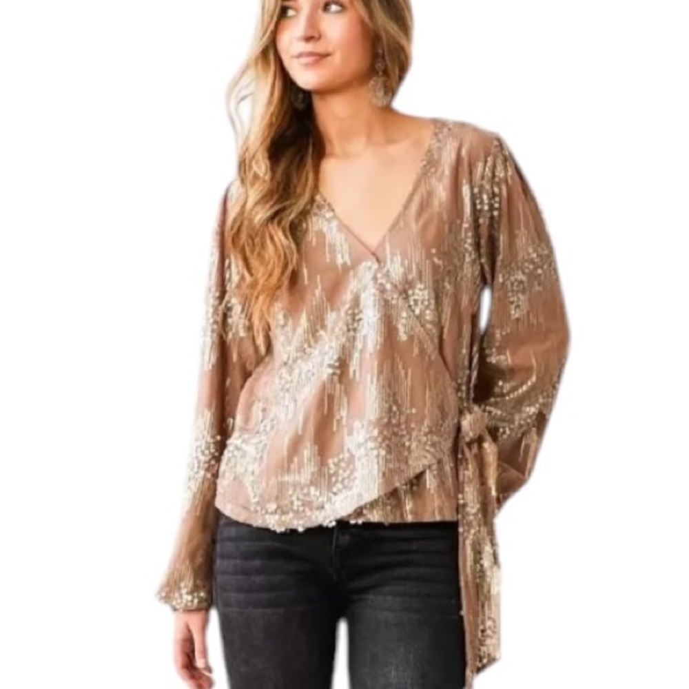 Willow & Root Metallic Tan & Gold Sequin Cropped Wrap Top - S